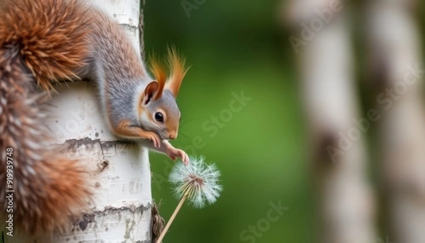 Fototapeta Curious Squirrel and Dandelion.