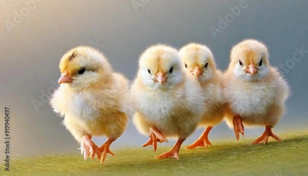 Fototapeta ４羽のひよこが芝生の上を駆けている
