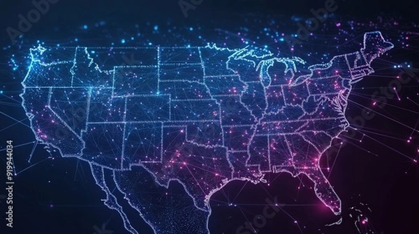 Fototapeta Abstract Cybernetic USA Map with Data Connectivity