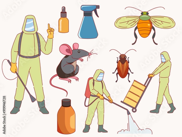 Fototapeta Pest control. Extermination of rodents and insects, people in special suits with sprinklers, poisons and chemicals, professional disinfectors, cartoon flat style isolated vector set