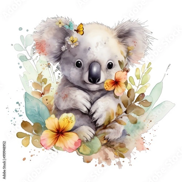Obraz Spring koala floral watercolor illustration, spring clipart