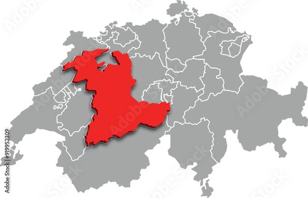 Fototapeta bern map ADMINISTRATIVE DIVISIONS of SWITZERLAND 3d isometric map