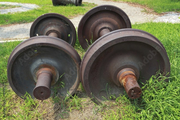 Obraz Abandoned  train two wheels on the grass