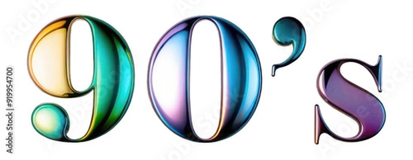 Fototapeta Holographic inscription 90s on a transparent background, shiny chrome element in the Y2K style. Bright vibrant colors, PNG.