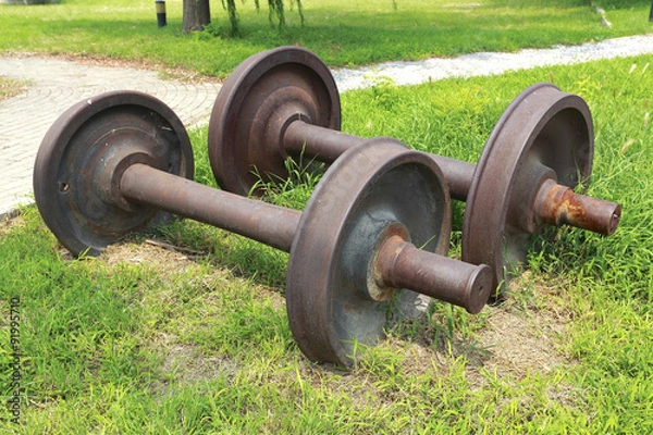 Obraz Abandoned  train two wheels on the grass