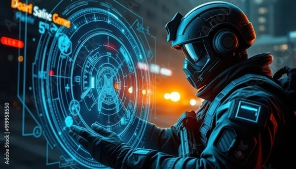Fototapeta Futuristic soldier interacting with holographic interface.