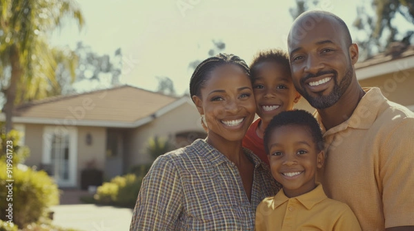 Obraz African American family of four standing in front of their home, all smiling.