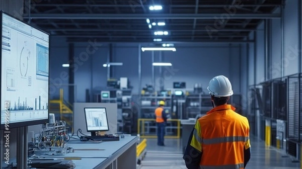 Fototapeta Generate a photo realistic image of engineers implementing noise control measures in a workplace, with noise monitoring equipment, soundproofing materials, and engineering controls visible