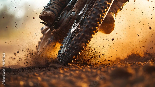 Obraz A motocross rider’s foot kicking up dust from the track, with the rider’s intense focus visible in a close-up shot of their gear and the surrounding chaos.


