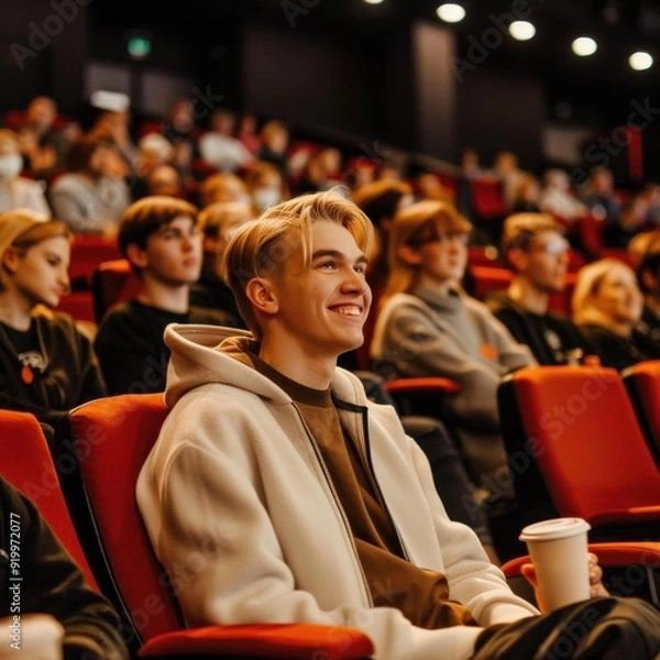 Fototapeta A young man smiles as he watches a presentation in a theater. AI.