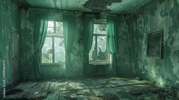 Fototapeta Abandoned room with peeling paint and overgrown vegetation in an old building