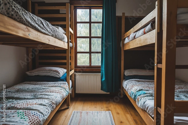 Obraz Shared bunk bed dormitory room for hostel accommodation. Concept Budget Travel, Hostel Life, Shared Accommodation, Backpacking Tips, Travel Accommodation