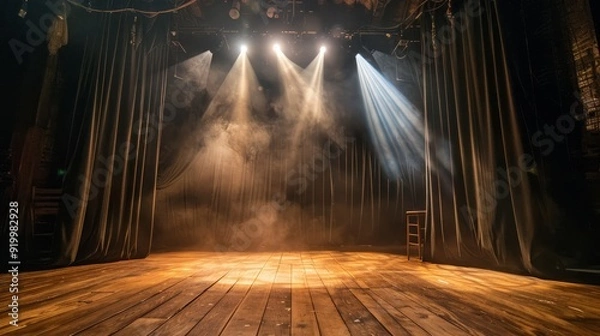 Fototapeta Theater stage illuminated by soft spotlights with hazy atmosphere before a performance
