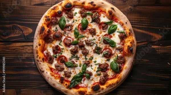 Fototapeta Pizza with meat, basil, and cheese on a dark background from above on a wooden table with space.