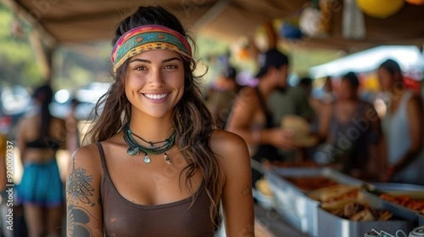 Fototapeta A young woman with dreadlocks is smiling at the camera at a summer festival.