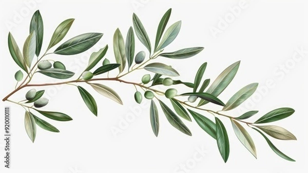 Fototapeta Branches of olive trees with leaves isolated on white or transparent background.