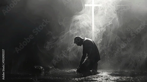 Fototapeta A man kneels and prays in front of a cross.