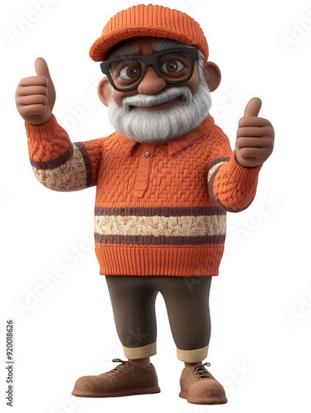 Fototapeta 3D character of an happy black african American old man showing thumbs up isolated on transparent background