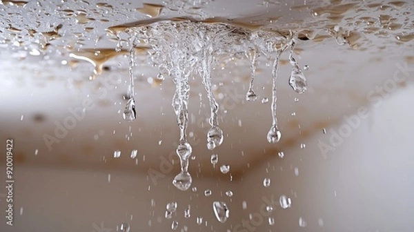 Fototapeta Water dripping from ceiling due to leak with droplets in focus