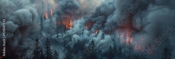 Obraz Vertical image of smoke rising from a forest affected by fire.
