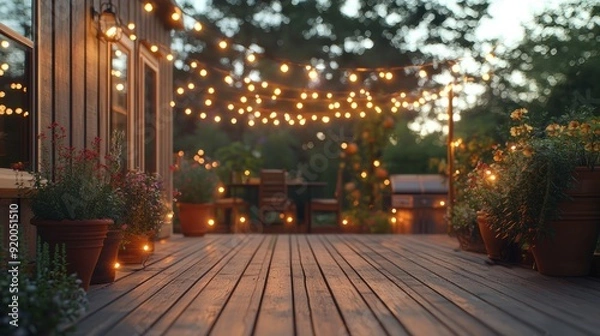 Obraz Cozy backyard deck with string lights and outdoor seating at dusk