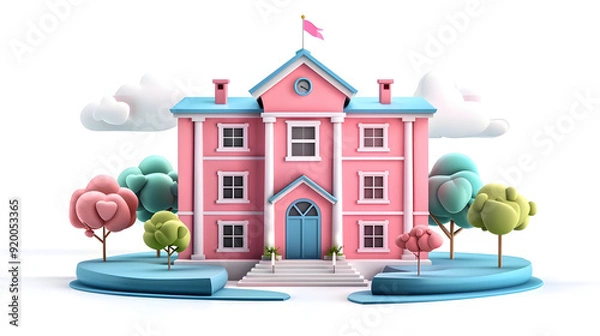 Fototapeta Whimsical 3D school building icon with flagpole on white background, symbolizing pride and tradition in education.
