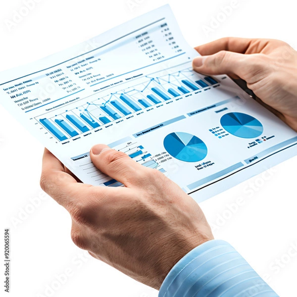 Fototapeta Business person analyzing statistics and financial data on a printed report with graphs and charts. Concept of financial analysis.