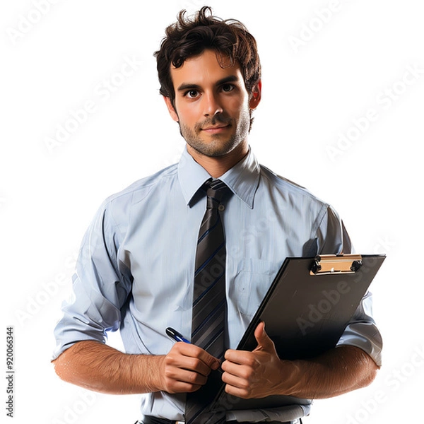 Fototapeta Professional man in formal attire holding a clipboard and pen, ready for business or office work.