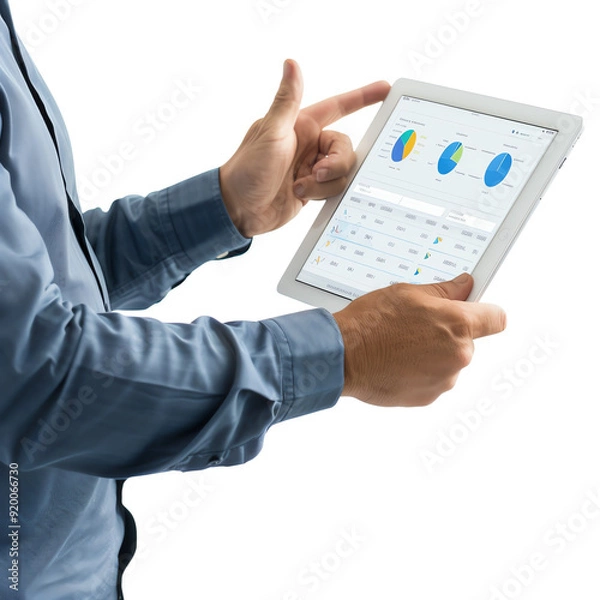 Fototapeta Business professional using a tablet to analyze data charts and statistics, illustrating technology and modern business analysis.