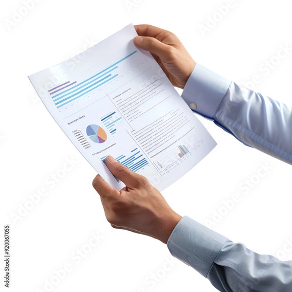 Fototapeta Hands holding business document with charts and graphs, demonstrating data analysis and professional report in a corporate setting.