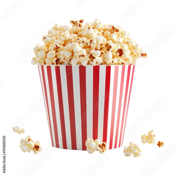 Fototapeta Striped Popcorn Container Overflowing With Popcorn On Isolated On Transparent Png Background , Ideal For Cinema And Movie Snack Promotions . Generative ai