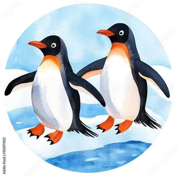 Fototapeta Playful penguins, sliding on ice, arctic backdrop, transparent watercolor style