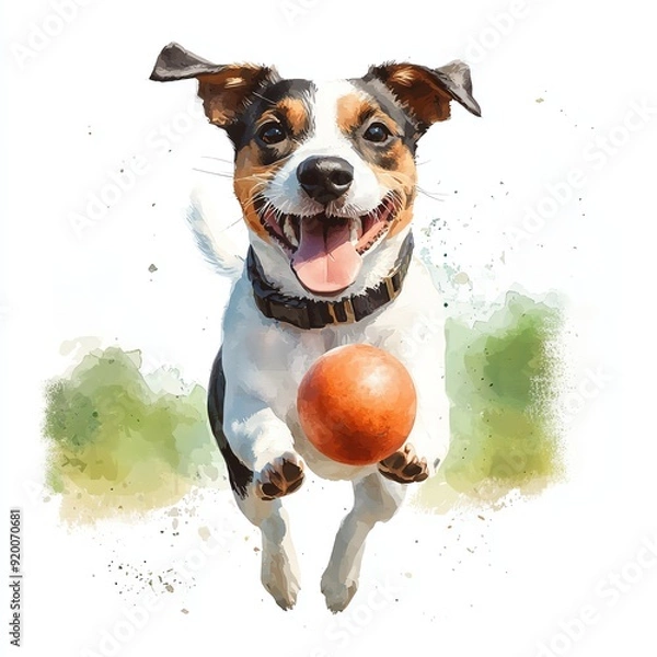Fototapeta Energetic puppy, chasing a ball, sunny park, transparent watercolor style