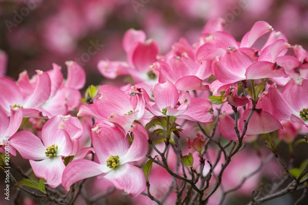 Obraz Closeup of vibrant, delicate, elegant pink dogwood blossoms against a soft focus background in springtime
