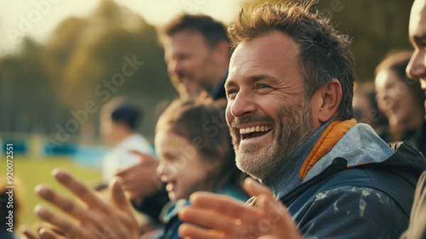 Fototapeta Engaged Dad Clapping for His Children’s Performance
