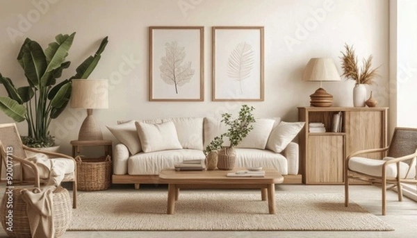 Fototapeta A warm, minimalist living room with beige walls and cozy decor 1. Generative AI
