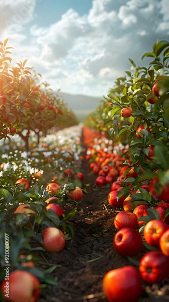 Fototapeta Seasonal Orchard Landscape: A photo realistic half tone image of summer and winter orchards, perfect for showcasing growth and dormancy. Ideal for adding text or graphics. Photo stock concept.