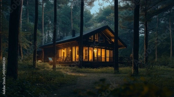 Fototapeta A mansion made of wood in the nighttime forest. A log cabin in the woods.