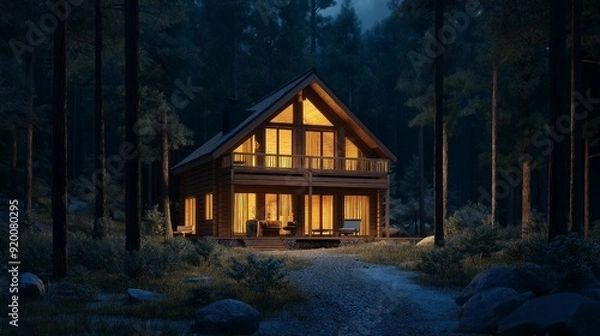 Fototapeta A mansion made of wood in the nighttime forest. A log cabin in the woods.