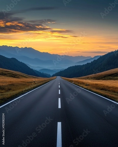 Fototapeta A serene mountain road stretches towards a vibrant sunset, framed by lush hills and distant peaks, inviting exploration and adventure.