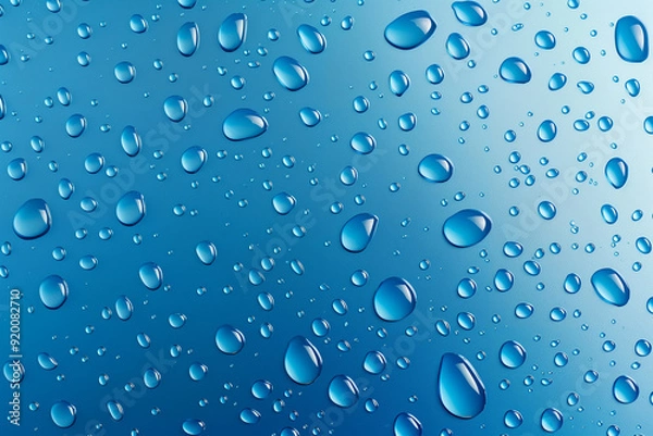 Obraz Water drops on blue background. Rain drops on glossy window glass.