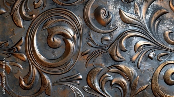 Fototapeta A textured metallic wall with engraved patterns, accented by abstract swirling designs.