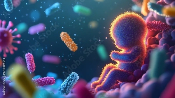 Fototapeta Baby Microbiome the infant gut microbiome genetic material of all the microbes 3d illustration. with copy space image. Place for adding text or design. 3d infant. Illustrations
