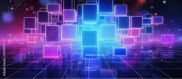 Fototapeta Abstract neon glowing cubes on a grid floor.