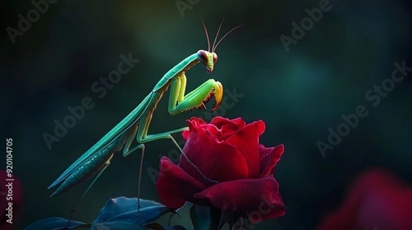 Fototapeta Praying mantis standing on a red rose with its front legs raised.