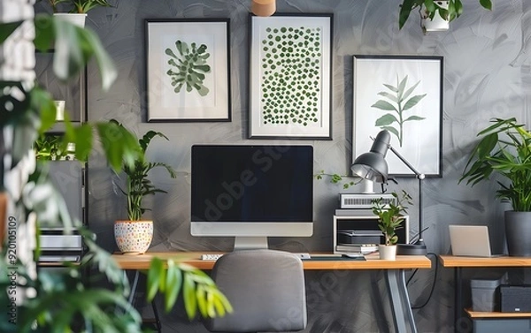 Fototapeta Interior of modern office with grey walls, wooden floor, comfortable computer table.