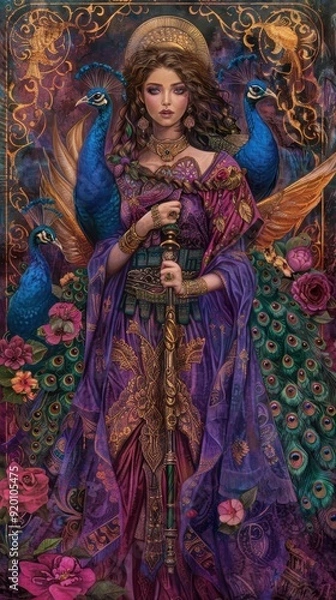 Fototapeta A Mystical Portrait of a Woman Surrounded by Peacocks