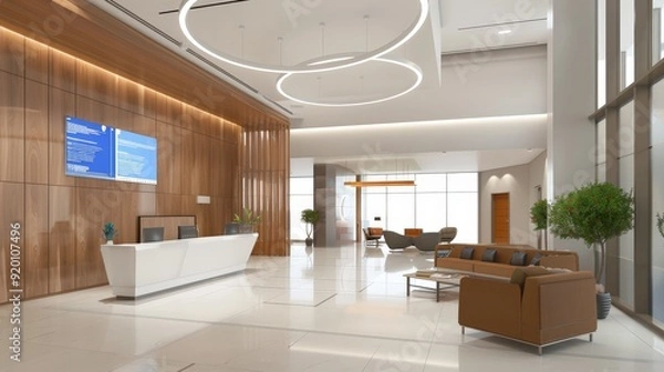 Fototapeta A 3D model of a corporate lobby with sleek furniture, reception desk, and a digital info board.