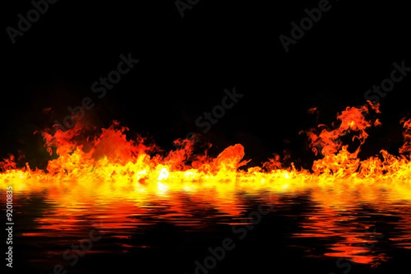 Fototapeta awesome fire flames with water reflection, on a black background