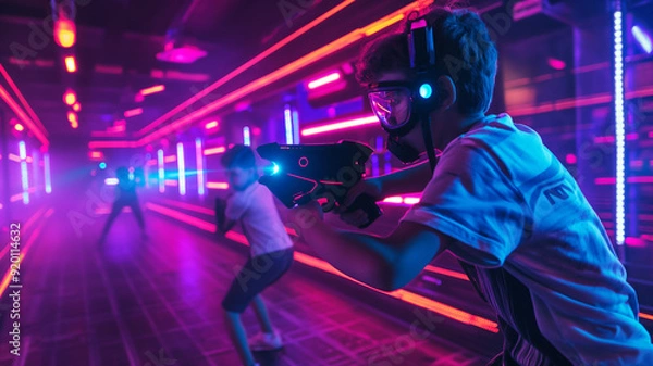 Fototapeta Neon-Lit Laser Tag: Boys Competing in a High-Tech Gaming Room
